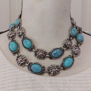 Vintage 1960s Faux Turquoise Cabochon and Silver Links Layered Choker Necklace